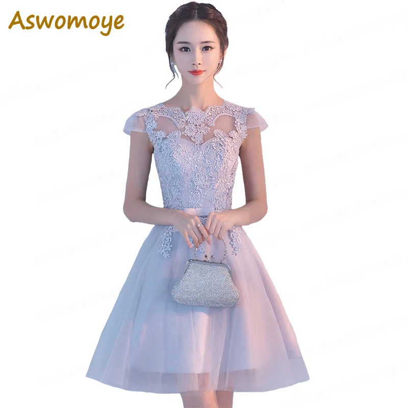 Aswomoye Korte Avondjurk Zilver 2018 Korte Mouw Applicaties Wedding Party Dress Bow Prom Dresses Lace Up Robe De Soiree