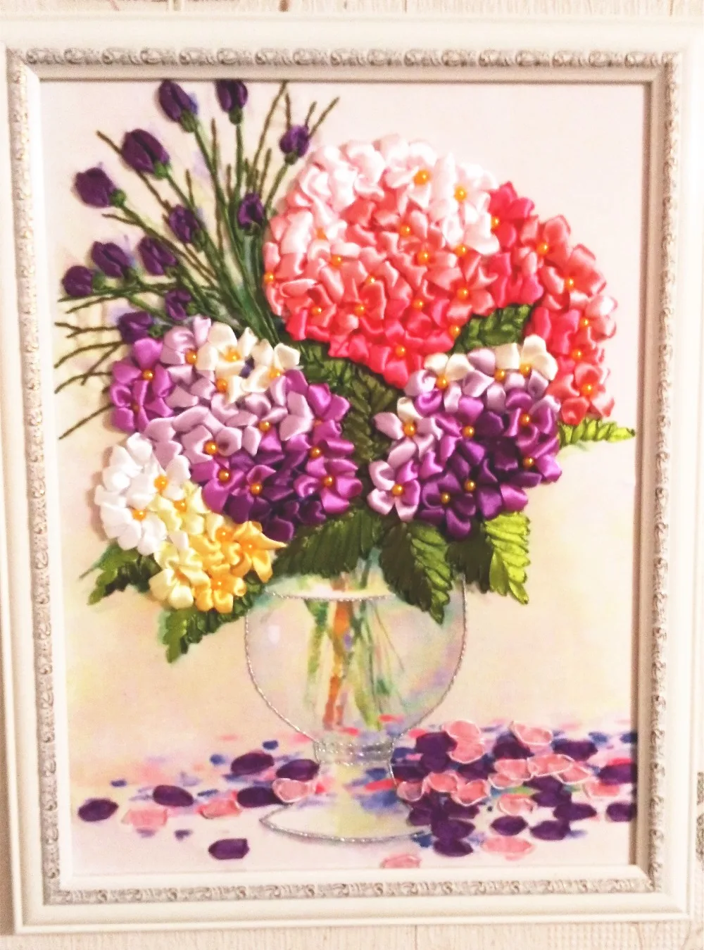 3D flower vase Ribbon embroidery kit with needle canvas paint handcraft stain DIY handmade needlework wall art decor gift idea