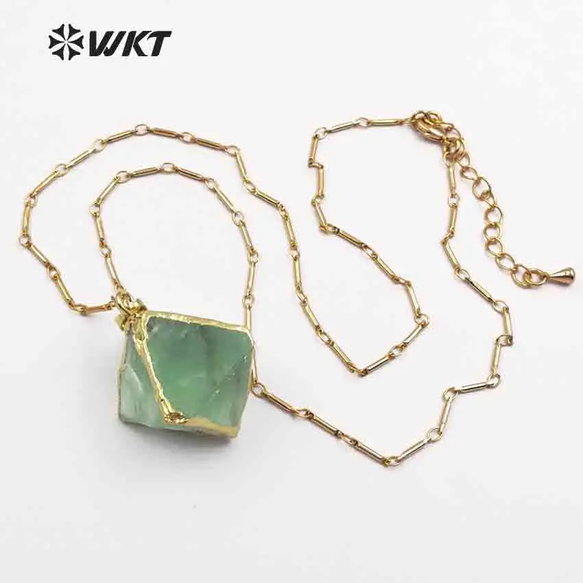 WT-N1142 Random Size Natural Rainbow Fluorite Stone In Dice Shape With Gold Trim Healing Crystal Bohe Necklace Best Gift For Her