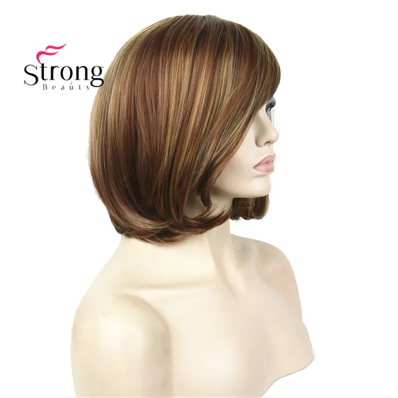 StrongBeauty Short Straight Brown Highlighted Bob Side Swept Bangs Synthetic Wig COLOUR CHOICES