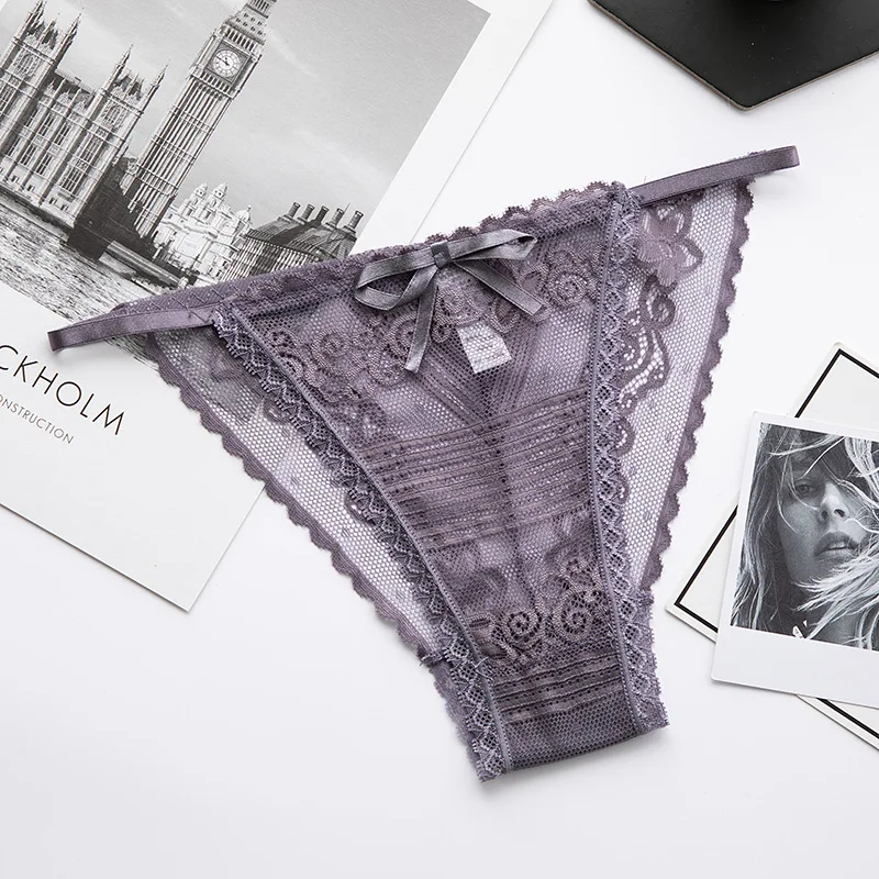 3PCS Sexy Lace Transparent Women Panties Thongs Low Waist Seamless Lady Underwear Bow Hollow Mesh Calcinha Lingerie Soft Breifs