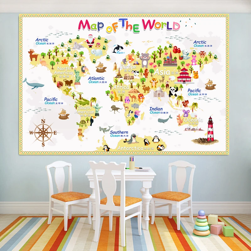 Cartoon World Map Poster for Children, Decoração de Parede, Grande Mapa do Mundo, Mapa de Lona Impermeável, Decoração do Quarto, 80x53cm