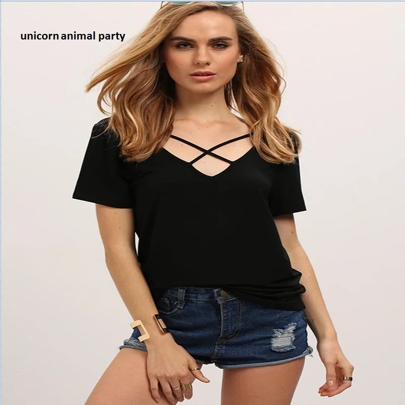 fashion summer women's multi-colored crossover with irregular deep v-neck T-shirt S-3XL harajuku t shirt Women Tops