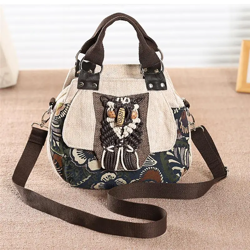 Retro Embroidery Women Handbag National Style Ethnic Canvas Totes Wood Beads Double Layered Travel Shoulder Bag Sac Femme Bolsos