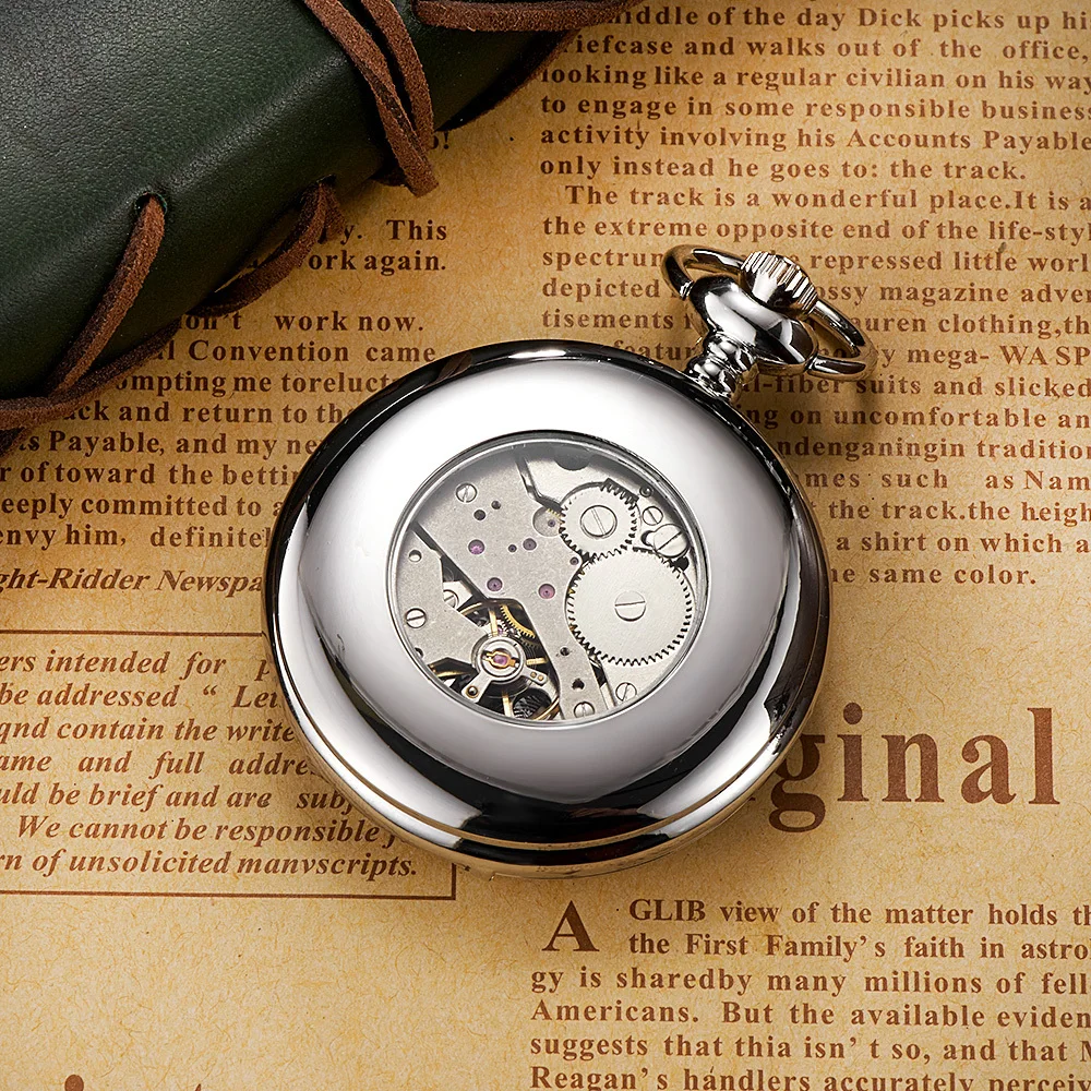 Luxury Brand OUYAWEI Mechanical Pocket Watch Men Full Steel Case Pocket Fob Watch Analog Silver White Dial Vintage Male Clock