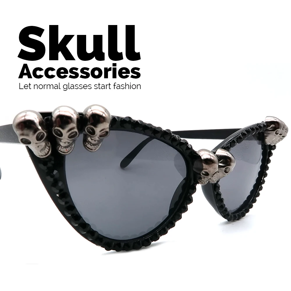 Women Gothic Skull Sunglasses Black Cat Eye Rhinestone Gorgeous Cateye UV400 Protection Ladies Round Sun Glasses Vintage Eyewear