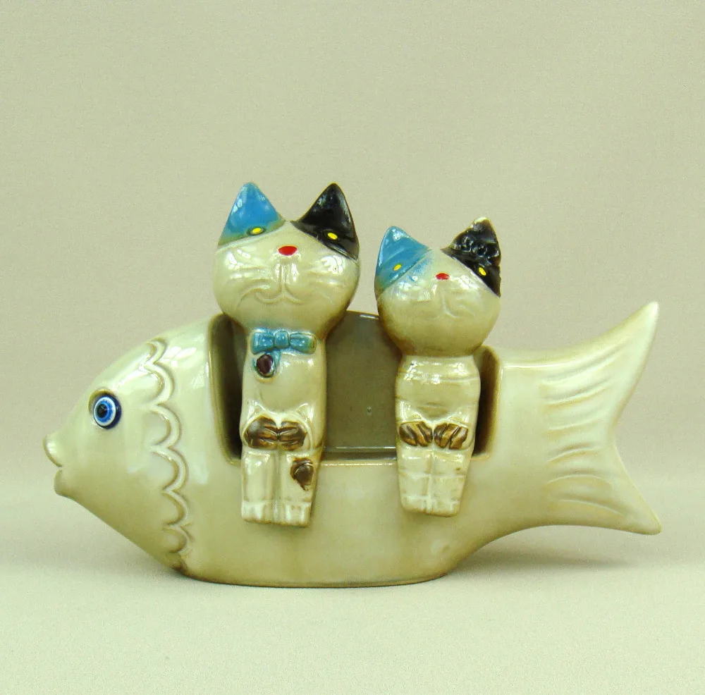 Wacky Ceramics Cat Lovers Miniature Handmade Porcelain Kitten and Fish Figurine Decor Novelty Gift Craft Ornament Accessories