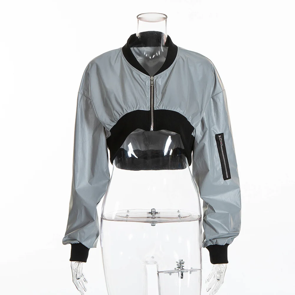 Blouson aviateur à manches longues pour femme, manteau court avec fermeture éclair, haut clignotant de baseball, gris coulée d\'argent, femme, 2021