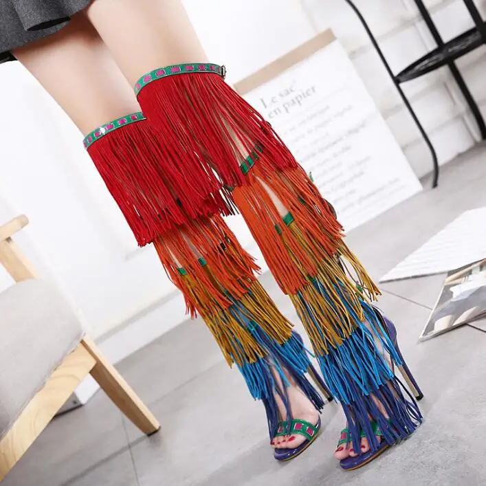 2017 Hot Rainbow Fringe Women Over The Knee Boots Sexy Open Toe Buckles Side Ladies Gladiator Boots Zipper Back High Heel Boots