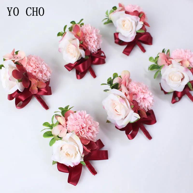 YO CHO panny młodej Boutonnieres Handmade nadgarstek kwiat niebieski ślub stanik jedwab hortensja Rose druhna wystrój szpilki na rękę kwiat nowy