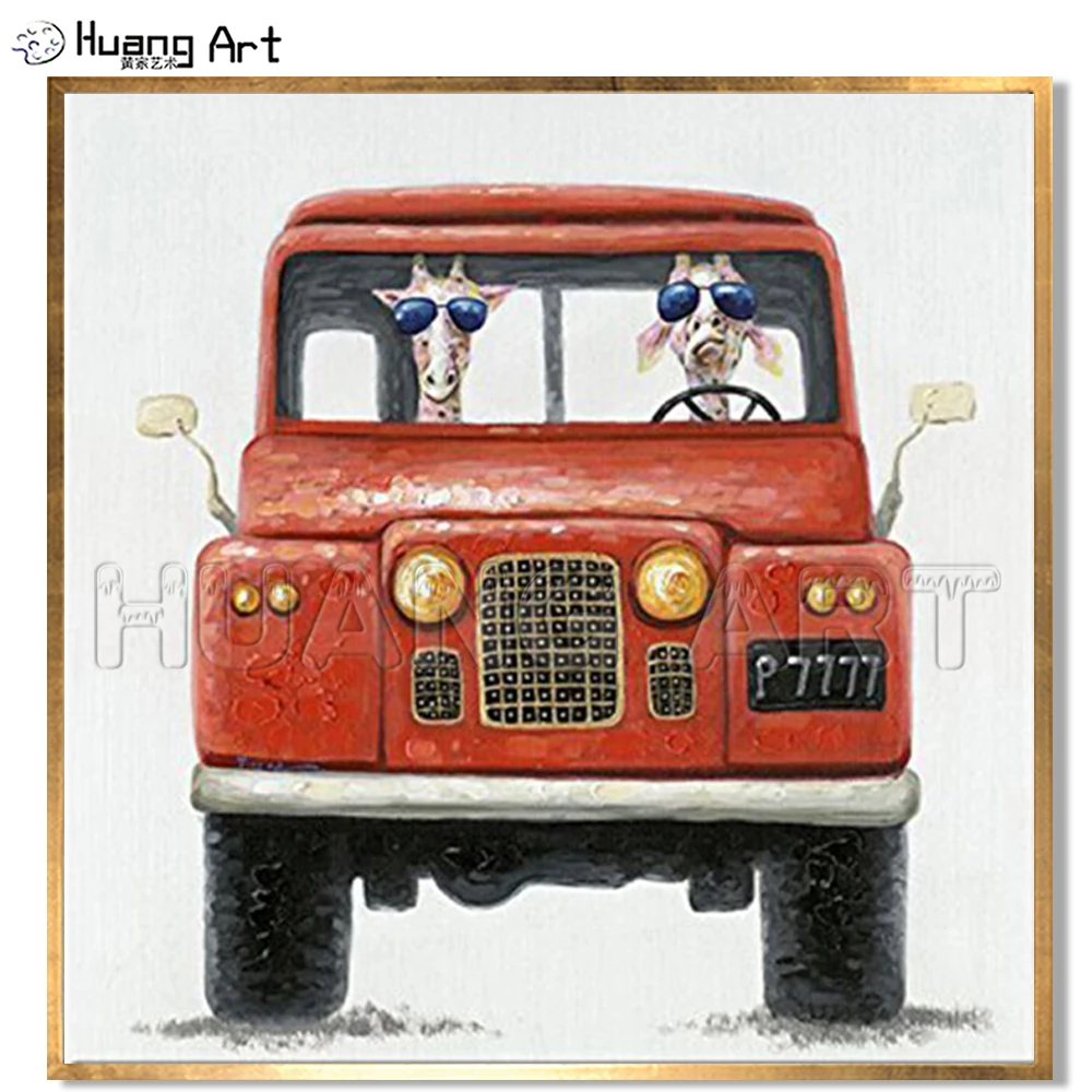 New Style Hand-painted High Quality Modern Animal Oil Painting for Room Decor Painting The Giraffe Drives a Red Car Funny Art