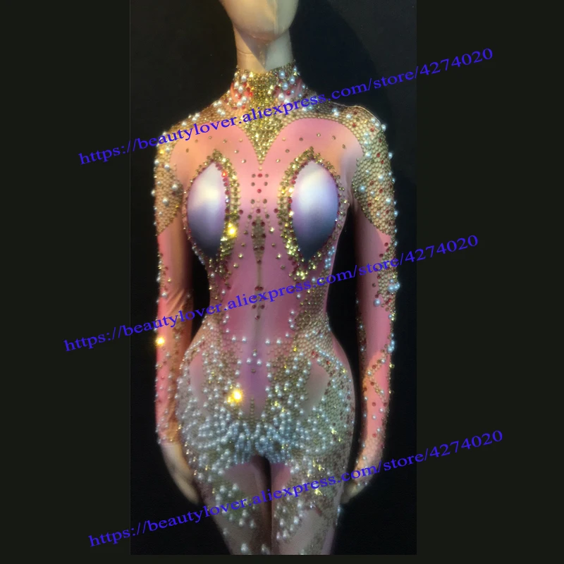 Nightclub Women Ring acrobatics female singer dj color diamond pearl thin elastic jumpsuit adult stage costume