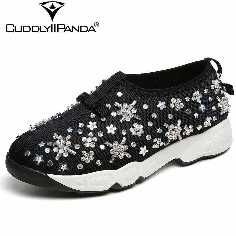 CuddlyIIPanda Autumn Luxury Designer Crystal Women Casual Shoes Air Mesh String Bead Loafers Rhinestone Flowers Sneakers