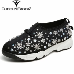 CuddlyIIPanda Autumn Luxury Designer Crystal Women Casual Shoes Air Mesh String Bead Loafers Rhinestone Flowers Sneakers