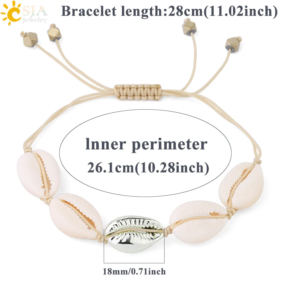 CSJA Natural Sea Shells Bracelets Seashell Bracelet White Gold Color Women Knit Beach Handmade Summer Holiday Jewelry S339