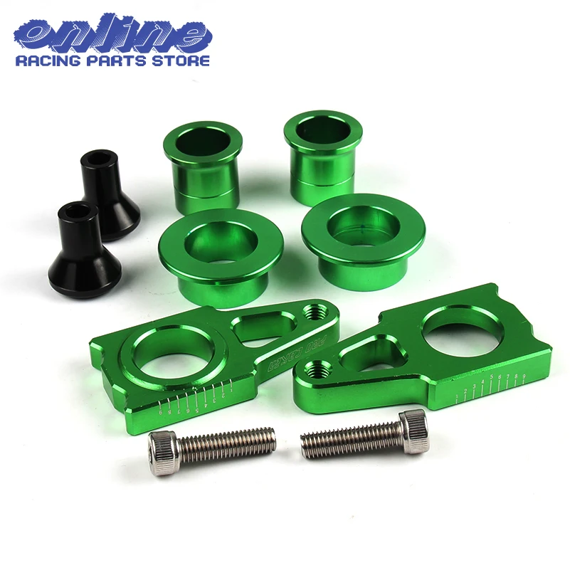 CNC Front & Rear Wheel Hub Spacers & Rear Axle Blocks Chain Adjuster With Spool Slider Bolts Sets For KX125 250 KXF250 KXF450