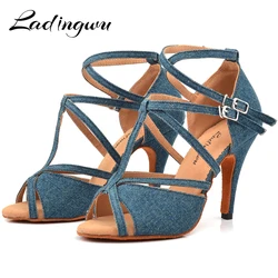 Ladingwu Denim Fabric Dance Shoes Salsa Woman's Heel 6-10cm Profession Latin Shoes Dance Sandals zapatos de baile latino mujer