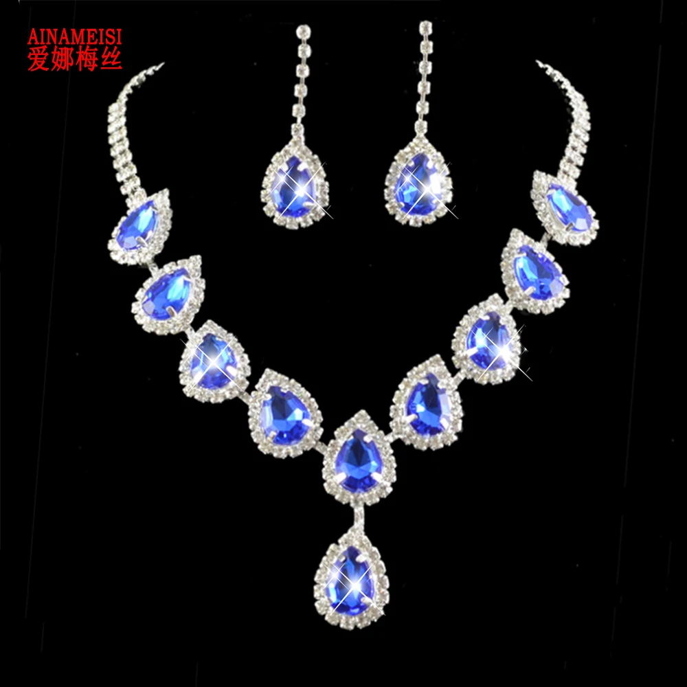 AINAMEISI Fashion Luxury Blue Water Drop Wedding Choker Necklace Earrings Crystal Bridal Jewelry Sets Women Accessories