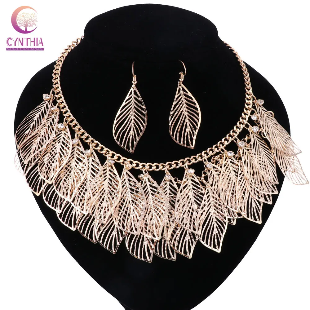 Chokers Necklace Zinc Alloy Crystal Leaves Chain Trendy Style Women Jewelry Bijoux Colier Choker Collar Chunky Necklaces Earring