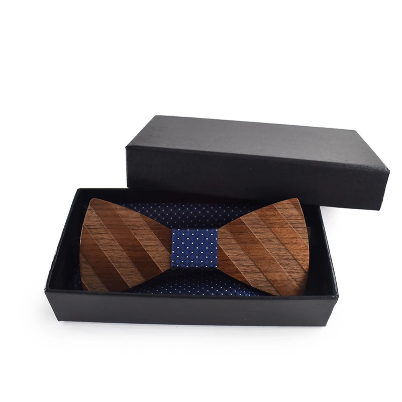 3D Stripe Pattern Wooden Bow Tie Set Cufflinks Boutonniere Handkerchief Business Butterfly Cravat Party Ties For Men