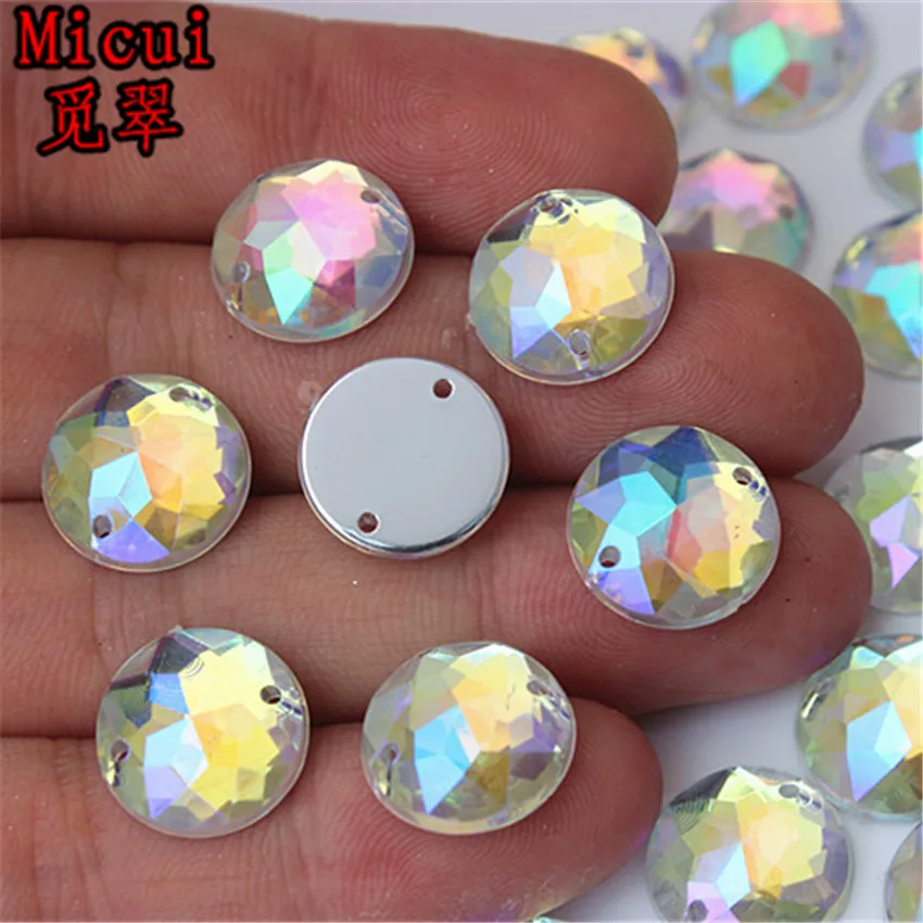 Micui 100PCS 12mm AB Round Acrylic Rhinestones Crystal Flat Back Beads Sew On 2 Holes Stones For Clothing Craft Decoration ZZ327