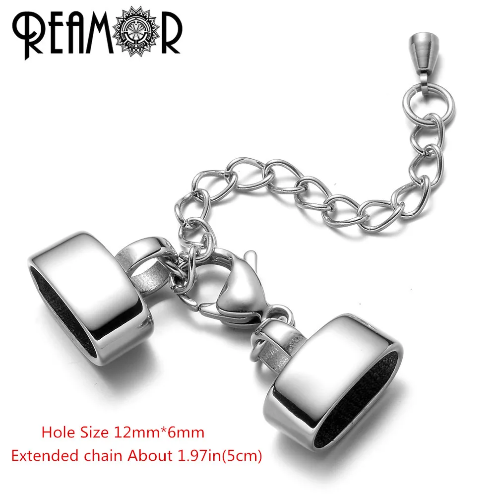 REAMOR 316l Stainless Steel Connectors Clasps With Extender Chain For 5/10/12mm Leather Bracelet End Cap Jewelry Making Findings