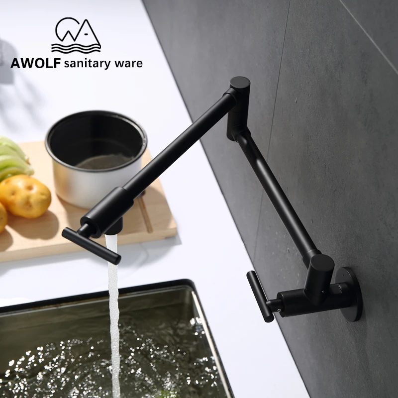 

Kitchen Sink Faucet Tap Brass Wall Mounted Pot Filler Matte Black Floding Faucet With 24" Double Joined Swinging Spout FW005