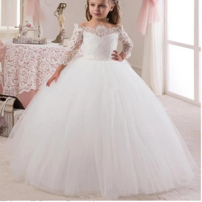 

New White Ivory Off Shoulder Flower Girl Dresses Lace Long Sleeves Girls Birthday Princess Gown First Communion Dress