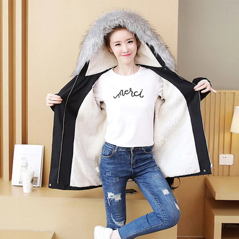 

2019 Lamb Cashmere Winter Coat Women Large Size Thick Winter Jacket Women Long Big Fur Collar Hooded Jacket With Pocket