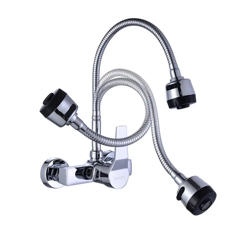 Wall Mounted Stream Sprayer Kitchen Faucet Single Handle Chrome Flexible Hose Kitchen Mixer Taps Dual Holes Free Shipping