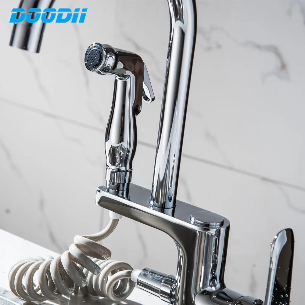 Spring Style Kitchen Faucet Brushed Nickel Faucet Pull Out All Around Rotate Swivel 2-Function Water Outlet Mixer Tap Torneira