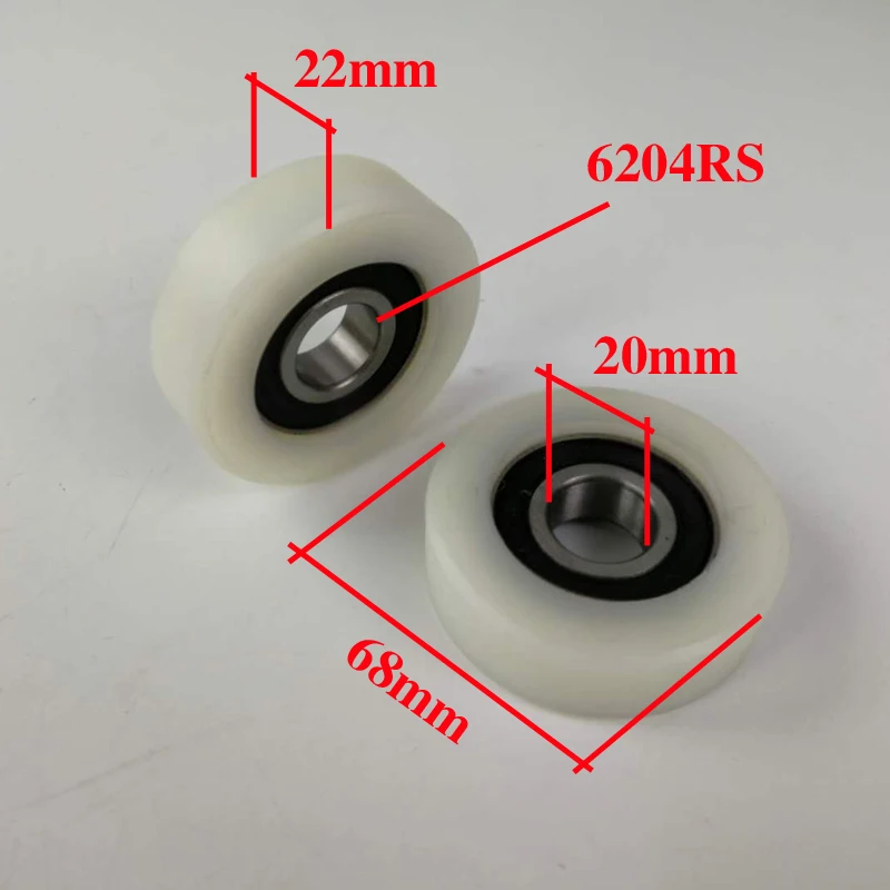 Sliding white nylon roller/pulley/wheel packaged coated nylon 6204RS bearing bore20mm, diameter 68mm, thickness 222mm. 1pcs/lot