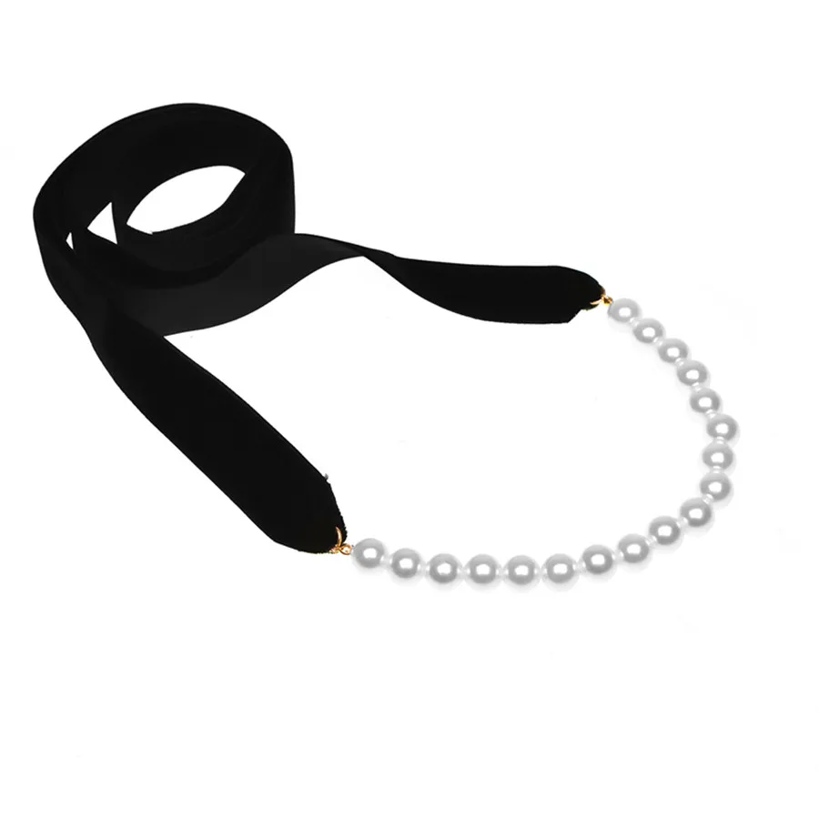 Punk Long Wide Black Velvet Ribbon Choker Bow Tie Simulated Pearl Beads Charm Collar Necklace Gothic Jewelry New Year Gifts