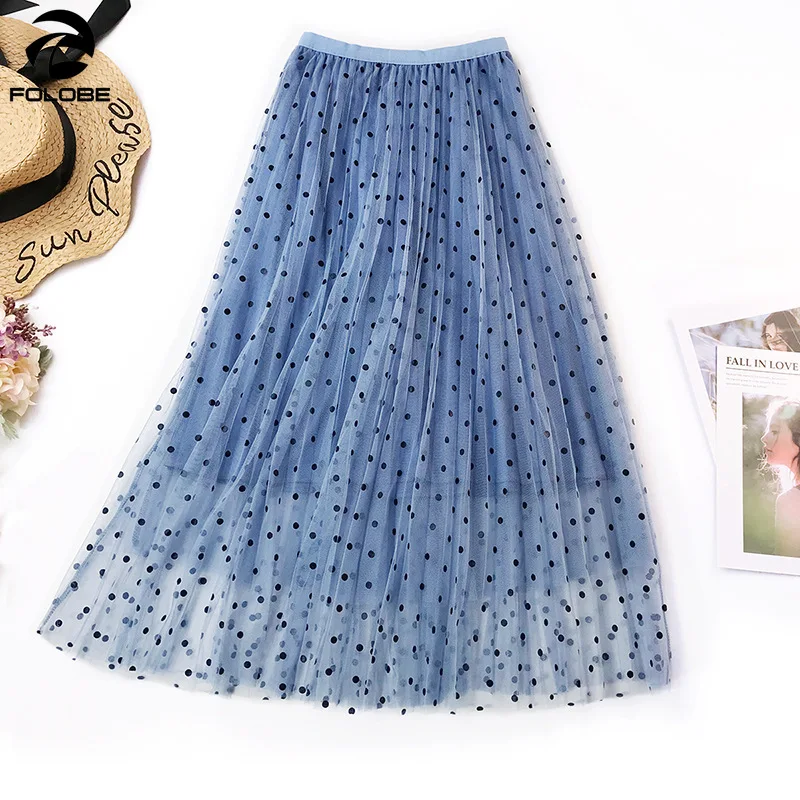 

FOLOBE 2022 New Style Women Dot Skirt Summer Mesh Tulle Skirts Casual Elegant High Waist Skirt Polka Dot Holiday Beach Skirts