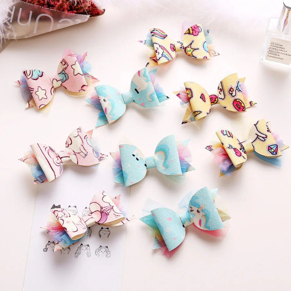 Boutique ins 15pcs Fashion Glitter Cute Unicorn Bowknot Hairpins Rainbow Mesh Bow Hair Clips Princess Headwear Hair Accessories