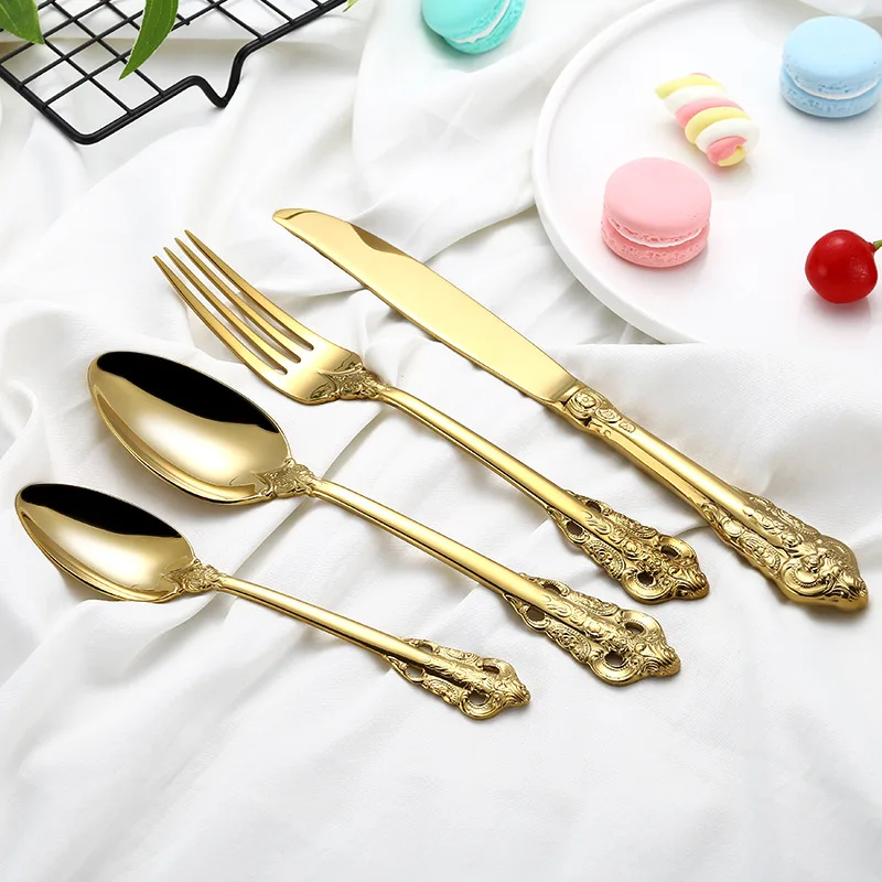 Western Gold /Silvery Plated Cutlery 4pcs Dining Knives Forks Teaspoons  Golden Luxury Dinnerware Engraving Tableware Set