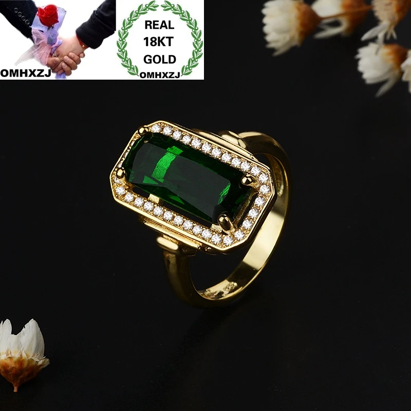 

OMHXZJ Wholesale European Fashion Woman Girl Party Birthday Wedding Gift Vintage Rectangle Green AAA Zircon 18KT Gold Ring RR923