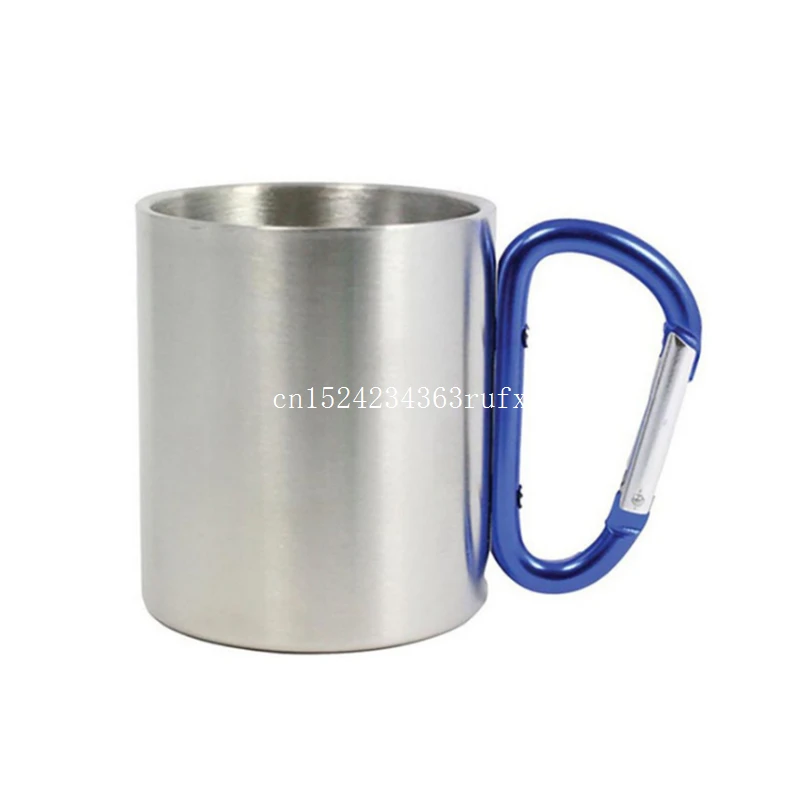 50pcs 220ML Stainless Steel Camping Coffee Mug Cups Traveling Outdoor Cup Double Wall Mug With Carabiner Hook Handle Tea Cup