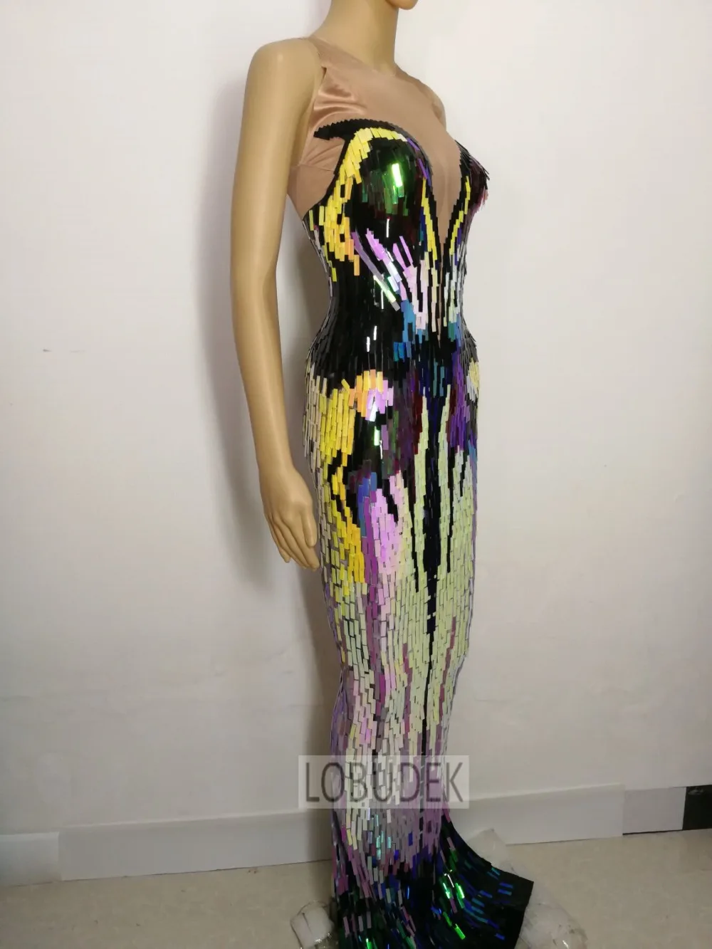 Colorful Sequins Bodycon Maxi Dress Sleeveless Stretch Women Sexy Stage Nightclub Bar Performance Costume Club Party Long Dress