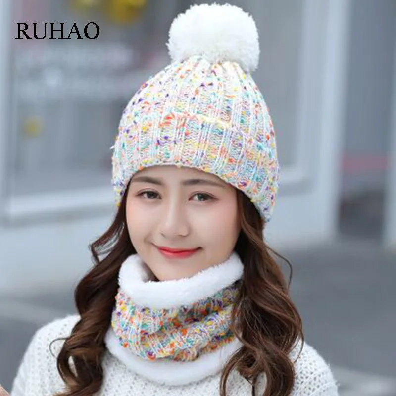 

RUHAO 2019 New Fashion Women Warm Winter Set Of Ladies Girl Caps With Scarf Neckerchief Top Quality Balaclava Knitted Hat