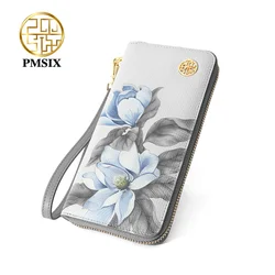 PMSIX Cow leather Women's Wallet Card Bag Long Zipper Purse Female Clutch Card Bags Fashion Floral Print Mobile Phone Bag