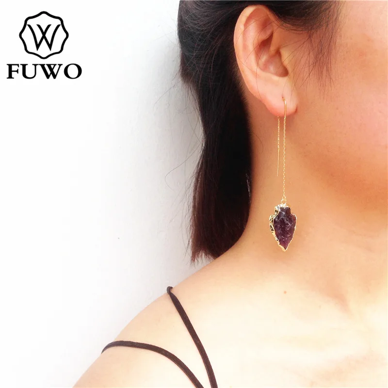 FUWO Wholesale Trendy Golden Amethysts Earrings Minimalist Design Arrowhead Threader Earrings For Women ER023