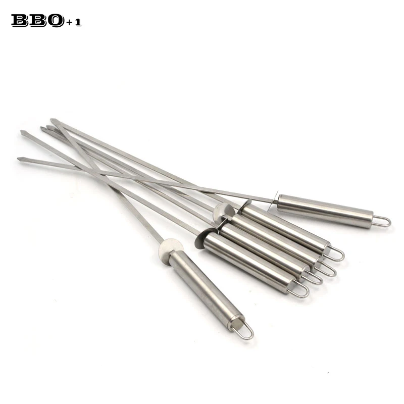 Stainless Steel BBQ Skewers with Food Remover Ring Portable Wide Barbecue Skewers Shish Kabob Sticks BBQ Accessories 43cm/16.9''