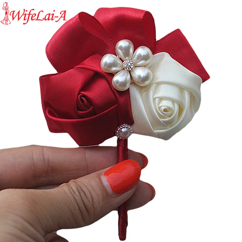 

WifeLai-A Wine Red Cream Flowers Wedding Corsages Boutonnieres Wedding Groom Pearl Flowers Brooch Flowers X6948-13