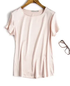 Plus - size women silk t-shirts crepe satin show thin circular collar head loose joker female silk  with short sleeves pink 2021