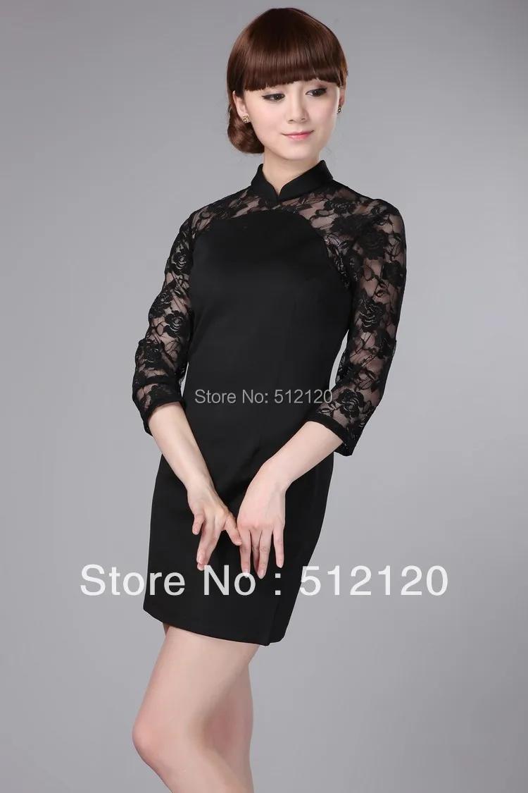 

Shanghai Story Slim split 3/4 Sleeve Chinese dress National Trend traditional dress Lace dress Qipao Black Cheongsam