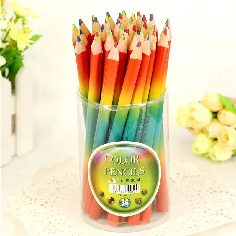 

36PCS / barrel creative green wood color pencil graffiti thick four-color same color rainbow pen triangle drawing school student