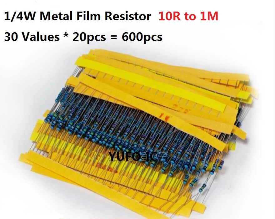 

30values*20PCS=600PCS 10 ohm- 1m Ohms 1/4W 1% Metal Fillm Resistor Kit Set Assorted 100R 470R 510R 670R 1k 10k 4.7k 100k Pack