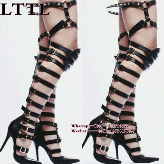 

Sexy Woman Pointed Toe Strap Buckled Over The Knee Gladiator High Heel shoes cut out Thigh High Summer Boots Big Size 42