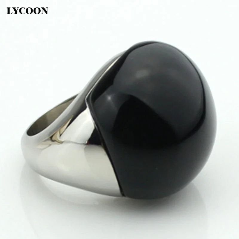 LYCOON Fashion 316L Stainless steel smooth polishing big black stone rings ball shape Onyx stone for woman luxury ring